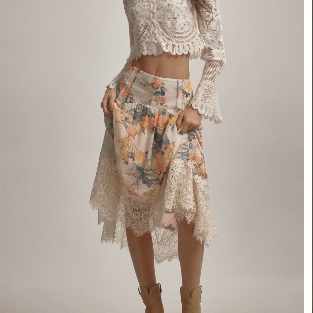 By Anthropology Asymmetrical Lace A-Line Midi Skirt size Large
